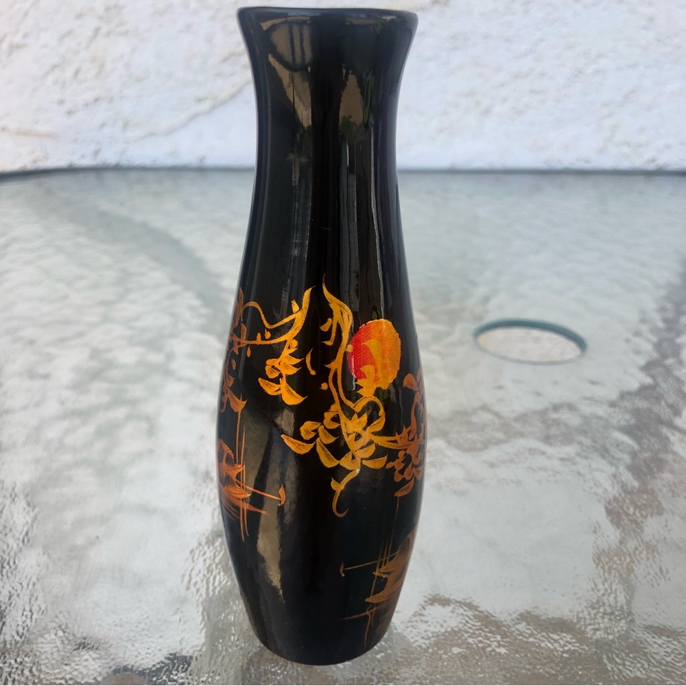Vintage Black/Gold Lacquer Flower Bud Vase Oriental Asian Hand Painted
